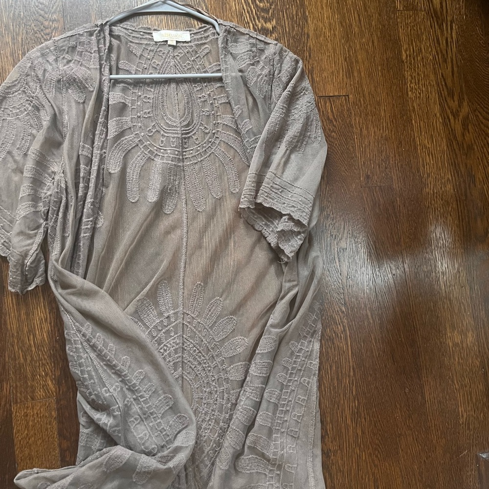 Rebellion Taupe Sheer Embroidered Kimono